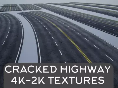 Modular Cracked 4-Lane Highway Roads 4K-2K Low-poly 3D model