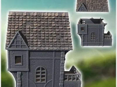 Medieval house with outdoor fireplace half-timbered walls and ac 3D print model