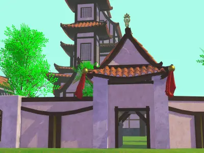 Japanese Anime castle low-poly 3d model unity package VR AR Low-poly 3D model