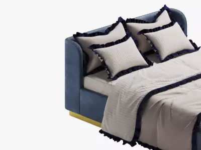 Blue Bed with Frilly Bedding 3D model