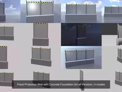 Flood-Protection-Wall with Concrete Foundation 3m all Versions 3D Model Pack