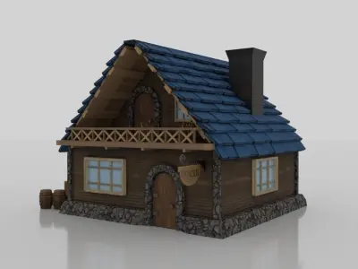 Tavern wooden house with roof Low-poly 3D model