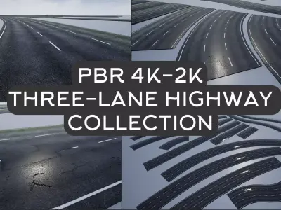 PBR 4K-2K Three-Lane Modular Highway Collection 3D Model Pack