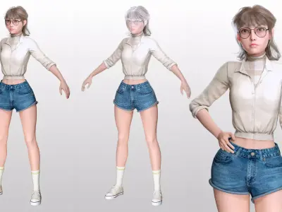 Stylized Female Character Cartoon  with Glasses Low-poly 3D model