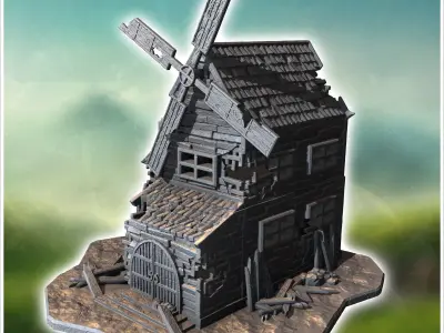 Old wooden windmill with broken blades damaged walls and scatter 3D print model