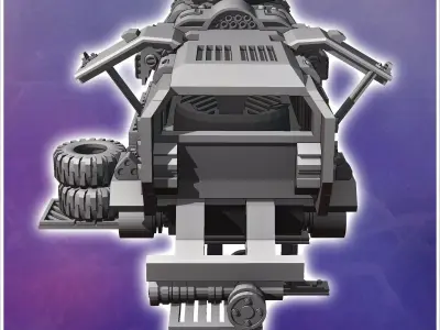 Futuristic shelter in a vehicle carcass with tires and slightly  3D print model