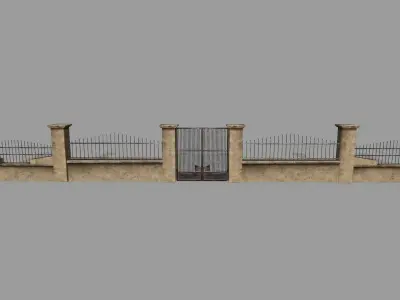 wall set stone with wrought iron railings Low-poly 3D model