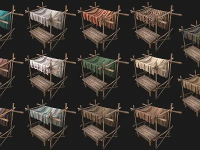 Medieval Market Vegetable Stalls Tent Pack Low-poly 3D model