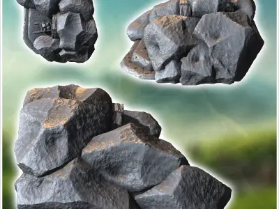 Medieval mine entrance with large boulders and carved stone port 3D print model