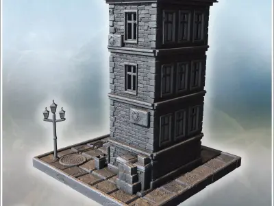 Tall stone residential building with stairs benches street lamps 3D print model