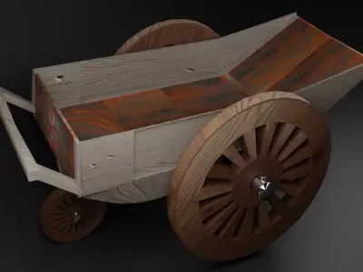 Ancient Medieval Wooden Cart with Rusty Metal Details Low-poly 3D model
