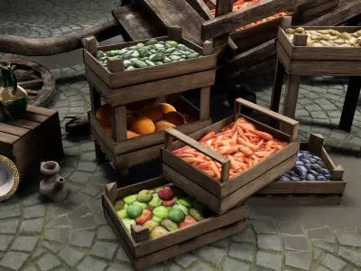 Fruit and Pottery Market Cart Pack containing Low-poly 3D model