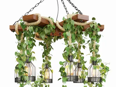 Wood Ceiling Lamp with Rope 3D model