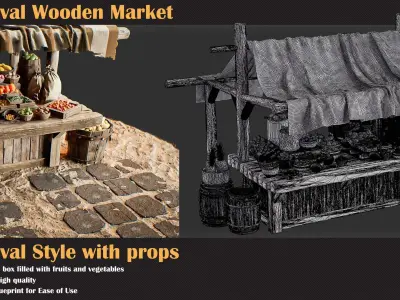 Medieval Wooden Market Pack Set 5 With Props 3D model