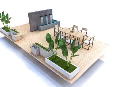 Architectural Wood Deck and Fountain Set Low-poly 3D model