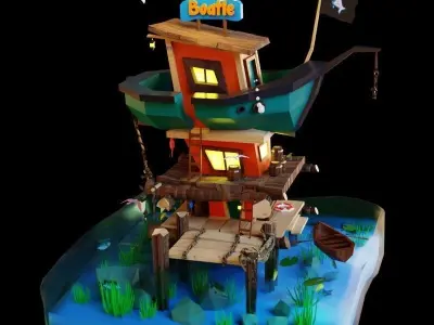 a boat hotel on the sea low poly  Low-poly 3D model