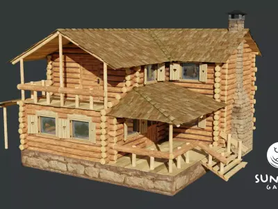 Large Log Cabin with Interior Fireplace Doors and Windows Low-poly 3D model