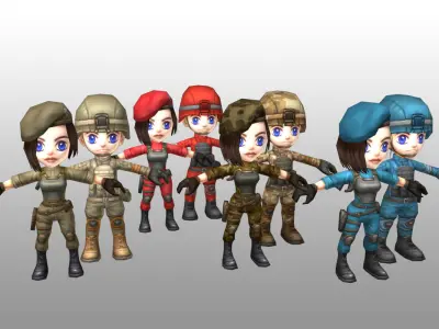 Animated Chibi Cartoon Soldiers Low-poly 3D model