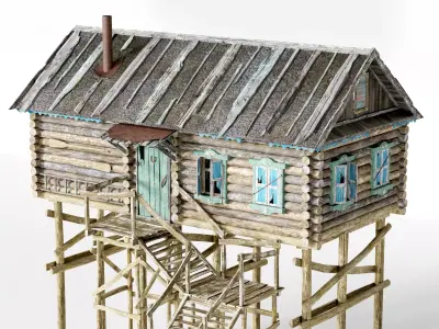 Old wooden damaged village house B da1 Low-poly 3D model