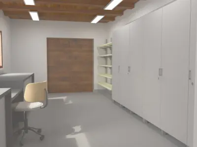 Workshop hallway with cabinets and windows 3D model