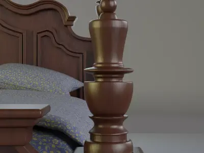 Vintage Wooden Bed with Patterned Bedding Low-poly 3D model