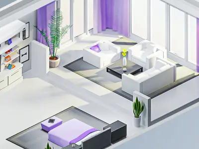 Room 9 living with curtains Low-poly 3D model