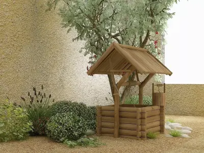 Wooden Well with Outdoor Tree and Bushes 3D model