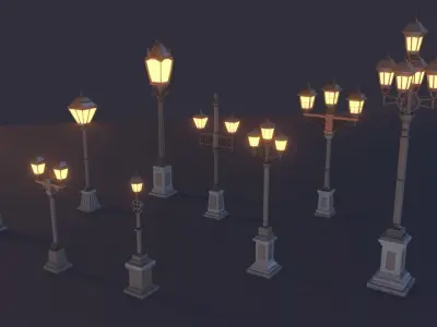collection of 9 vintage-style  low poly antique street lamps Low-poly 3D model