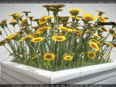 Public Plant Pot Wood-Version with Sunflowers Low-poly 3D model