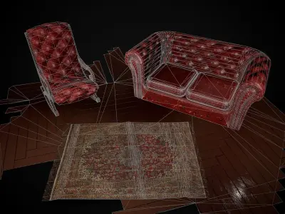 Worn Chesterfield Sofa Set and 2 PBR Materials Low-poly 3D model