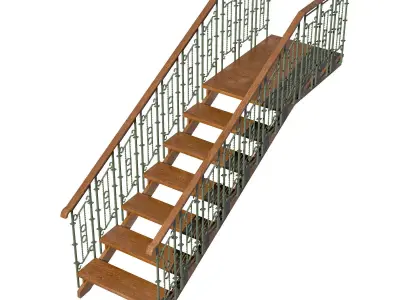 Stairs wooden staircase with metal railings 3D model