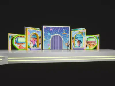 VR Kids Tech Event Stage Set 3D Model and Cartoon Backdrop 3D model