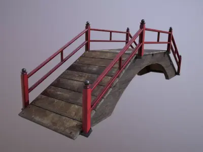 Oriental wooden bridge Low-poly 3D model