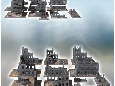 Set of twelve large modern and futuristic ruins with floors 4 -  3D print model