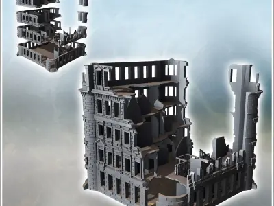 Building with rounded corners and brick walls destroyed version  3D print model