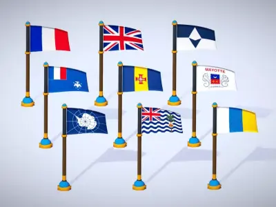 Antarctic Countries Flags Pack Toon Style Antarctica Region Low-poly 3D model