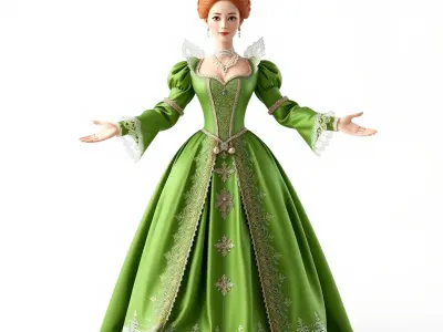 Elegant Queen Character Model in Green Dress Rigged and Animated Low-poly 3D model