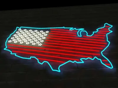 3D NEON USA FLAG AND MAP Low-poly 3D model