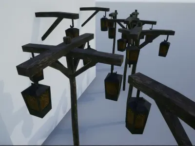 Lowpoly Medieval Wooden Postlamps Low-poly 3D model