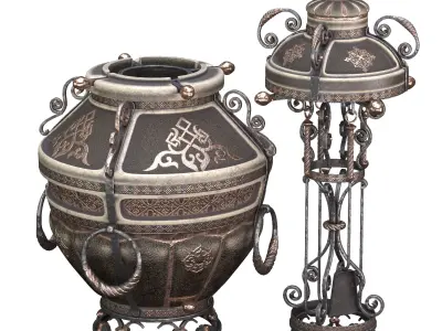 Tandoor ornate urn with fire in it 3D model