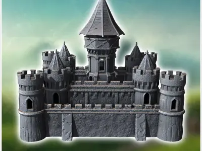 Large medieval castle with concave-roofed keep and imposing surr 3D print model