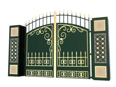 Green Ornamental Iron Gate 3D Model Low Poly PBR Gold Details Low-poly 3D model