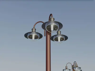 Street Light -7- Red Version -3 Lamps-  Low-poly 3D model