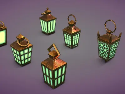 6 Hand Lanterns set Low-poly 3D model