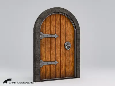 Medieval Wooden Door with Iron Hinges Low-poly 3D model