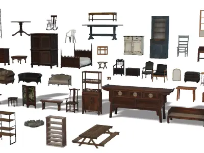 Vintage And Classic Furniture 3D Model Pack Low Poly Game Ready Low-poly 3D model