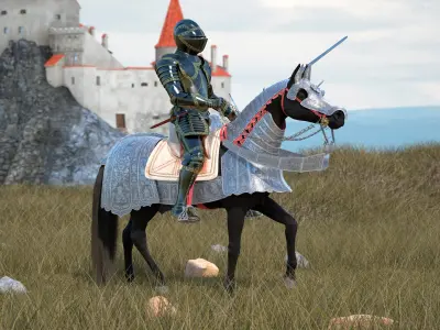  Medieval Horse in Armor with Knight Riding Fur 