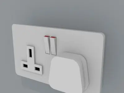 UK double electric socket with plug  Free low-poly 3D model