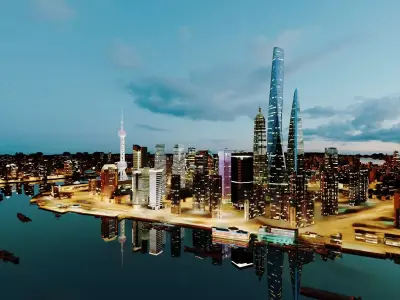 Shanghai Skyline City Pack Pudong Skyscrapers Towers Low-poly 3D model