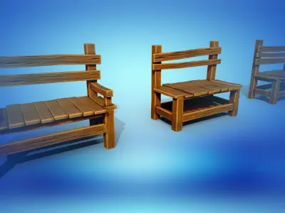 Stylized bench bench 3 types PBR low-poly game ready Low-poly 3D model